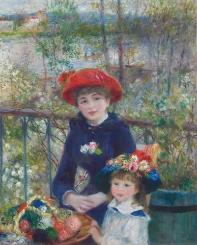 Joven de vestido azul oscuro y sombrero rojo con una niña de sombrero de flores en una terraza junto a un río