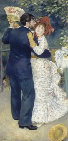 Pareja que baila al aire libre, él de traje azul oscuro y ella de vestido blanco con flores, gorro rojo y abanico