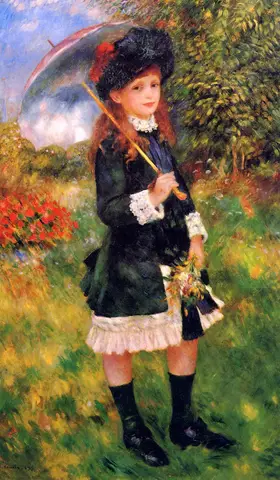 Niña pelirroja de abrigo verde oscuro y sombrero negro, de pie en un prado con una sombrilla y un ramito de flores