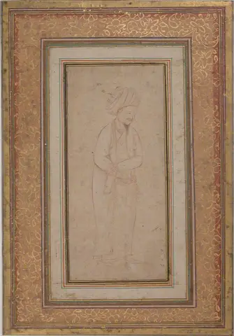 Red line drawing of a standing man with a turban and beard, hands together at the waist, on a gold-bordered page