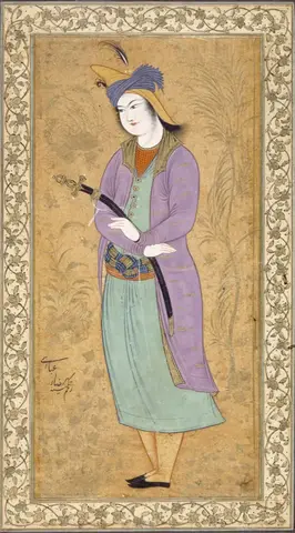 Young man standing in a plumed turban, lilac coat and pale green tunic, holding a sword in a black scabbard