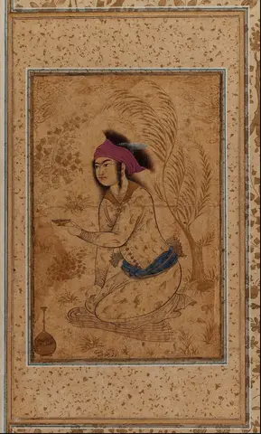 Kneeling youth in a magenta turban and pale robe holding out a small cup to the left beneath a golden tree