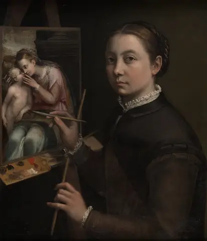 Young painter in a black dress and lace collar, brush in hand, beside an easel holding a picture of a mother and child