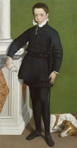 Boy dressed in black with a white ruff, standing by a column, gloves in one hand and a sword at his belt