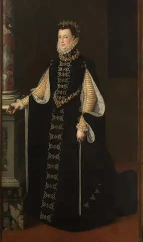 Young queen standing in a black gown embroidered in gold, with gold-striped sleeves, holding a small portrait