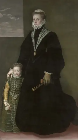 Woman in a black gown with a ruff and a fan rests her hand on the shoulder of a girl in green holding roses