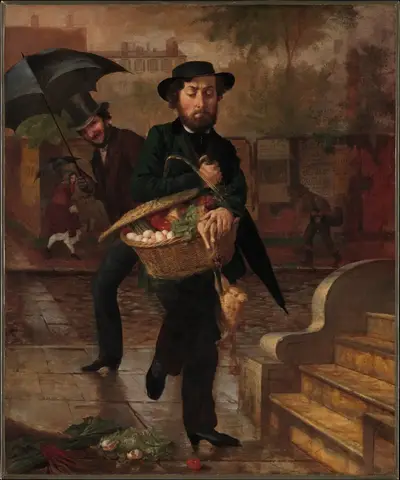 Bearded man in a hat hurrying down a wet street with a basket of eggs and vegetables and a plucked bird dangling