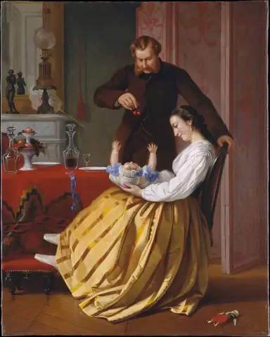 Seated woman holding a baby on her lap as a red-bearded man dangles cherries above it, in an elegant parlor
