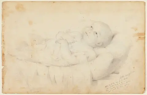 Baby lying on a pillow, eyes open and gazing upward, hands clasped on its chest, drawn in pencil