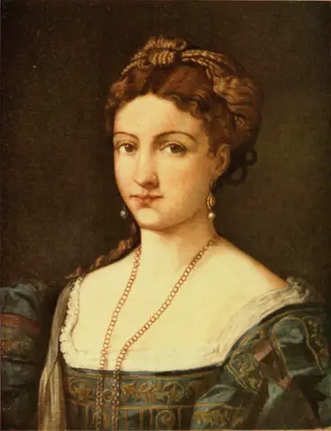 Young woman with pinned-up braids, pearl earrings and a long gold chain, in a blue-green gown embroidered in gold