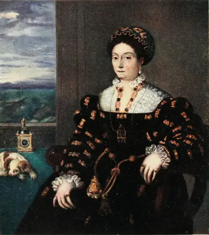 Seated woman in a black and gold gown, embroidered cap and white collar; beside her, a sleeping dog and a clock