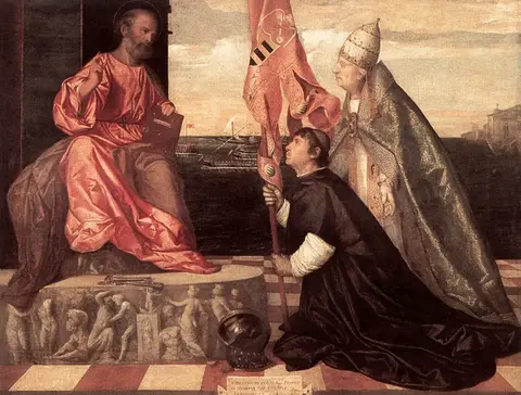 Hombre de negro arrodillado con un estandarte ante san Pedro en su trono, presentado por un papa con tiara, junto al mar