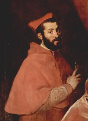 Dark-bearded man in a cardinal’s red biretta and cape, turned sideways and looking back at us