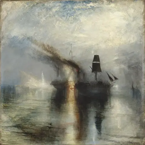 Steamship with black sails on a calm, pale sea, its dark smoke trailing off to the left