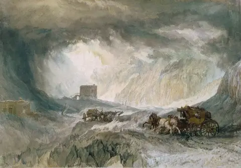 Horse-drawn coach on a snowy mountain road beneath a storm sky that swirls like a tunnel
