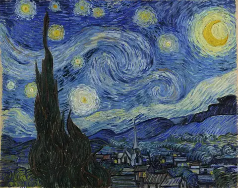Cielo nocturno de remolinos azules con estrellas y luna amarillas sobre un pueblo, y un ciprés oscuro a la izquierda
