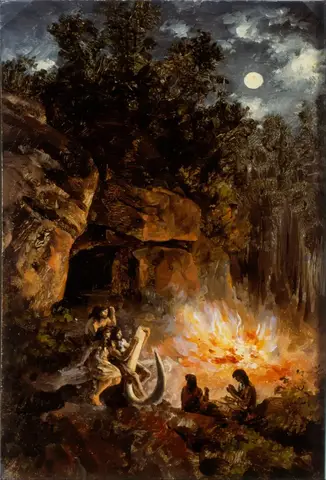 Noche de luna llena: personas de cabello largo junto a una cueva y una gran fogata, una sostiene un colmillo curvo