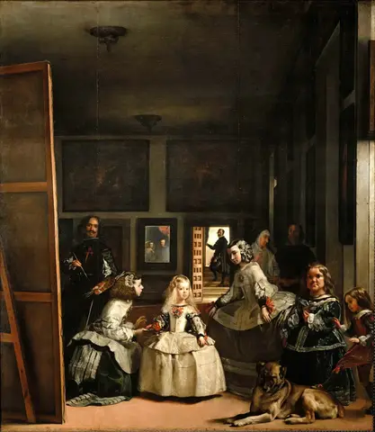 Blonde girl in a white gown flanked by two young women in a vast room; at left, a painter holding a palette by a canvas