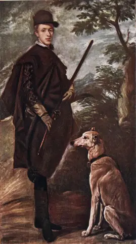 Young hunter standing in a hat and cape with a gun, beside a seated hunting dog in a wooded landscape