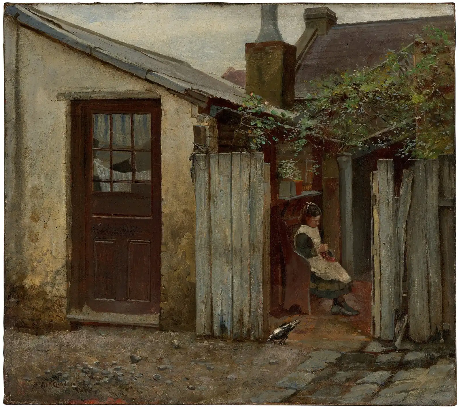 Yard with a whitewashed shed and brown door, a grey plank fence and a seated girl knitting, a bird in front