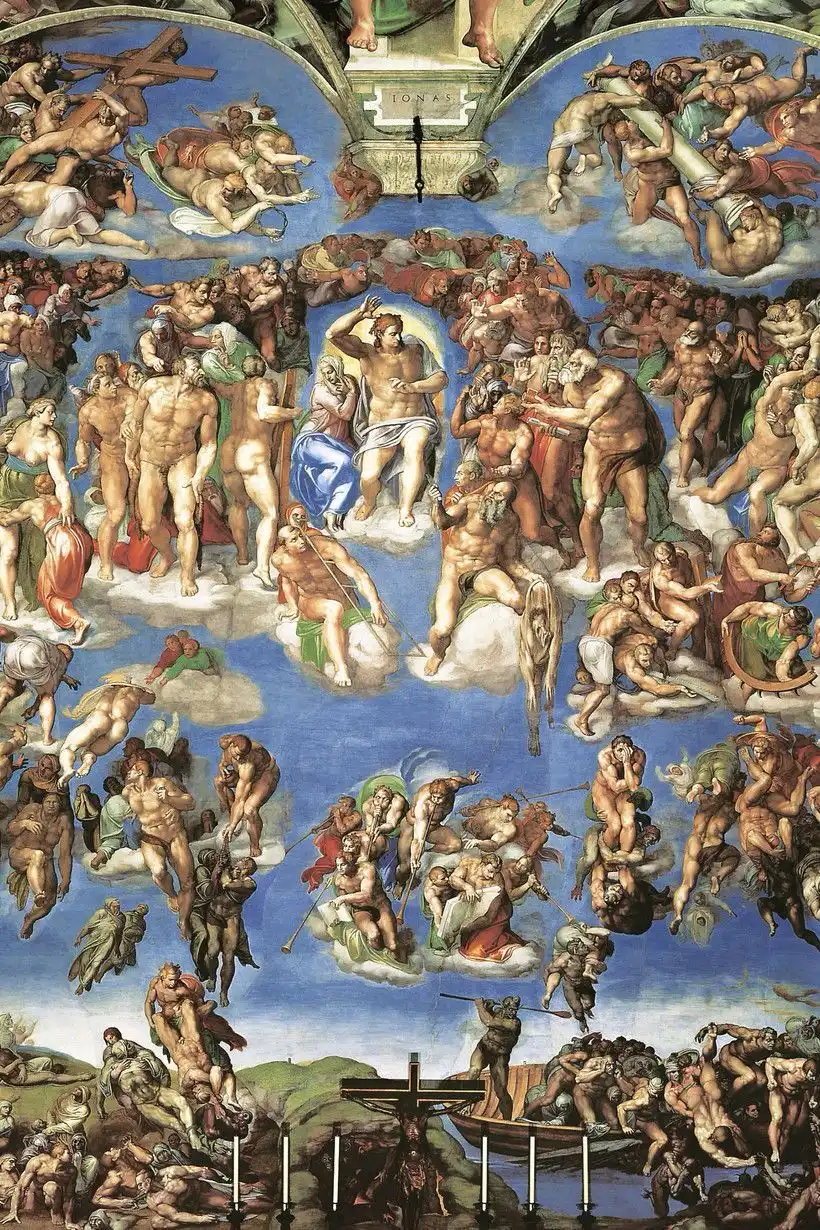 Hundreds of bodies against an intense blue sky swirl around Christ, who raises his arm at the center