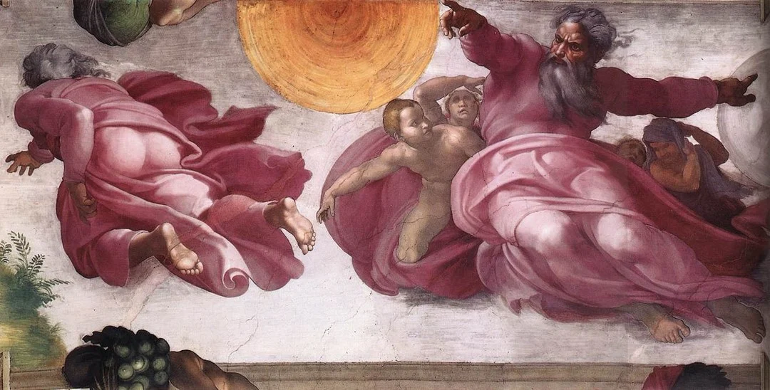 Gray-bearded elder in a pink cloak points to a large orange disc; on the left, another figure flies away from us