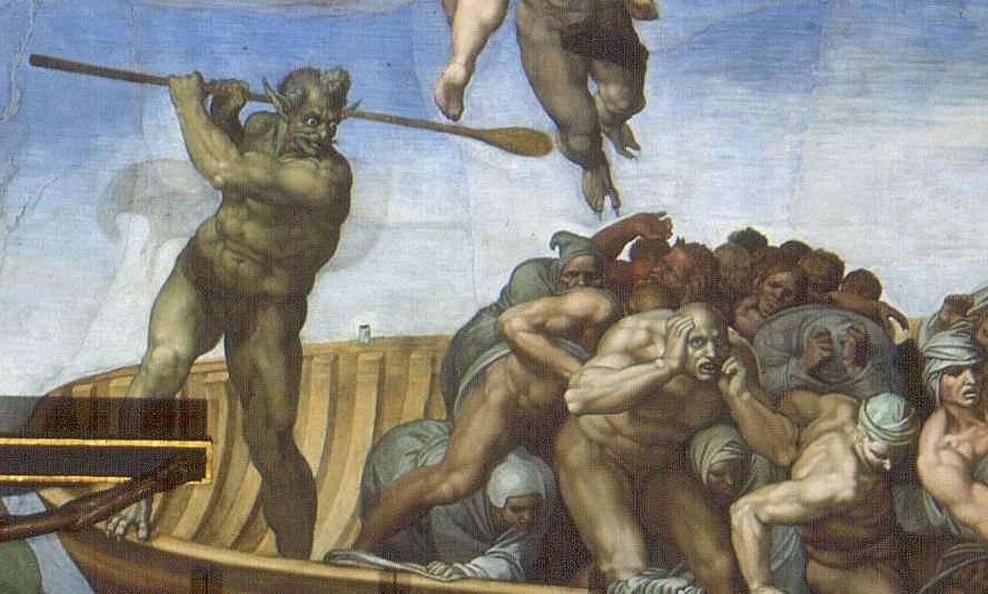 Green-skinned boatman with pointed ears raises an oar over a boat crowded with frightened men