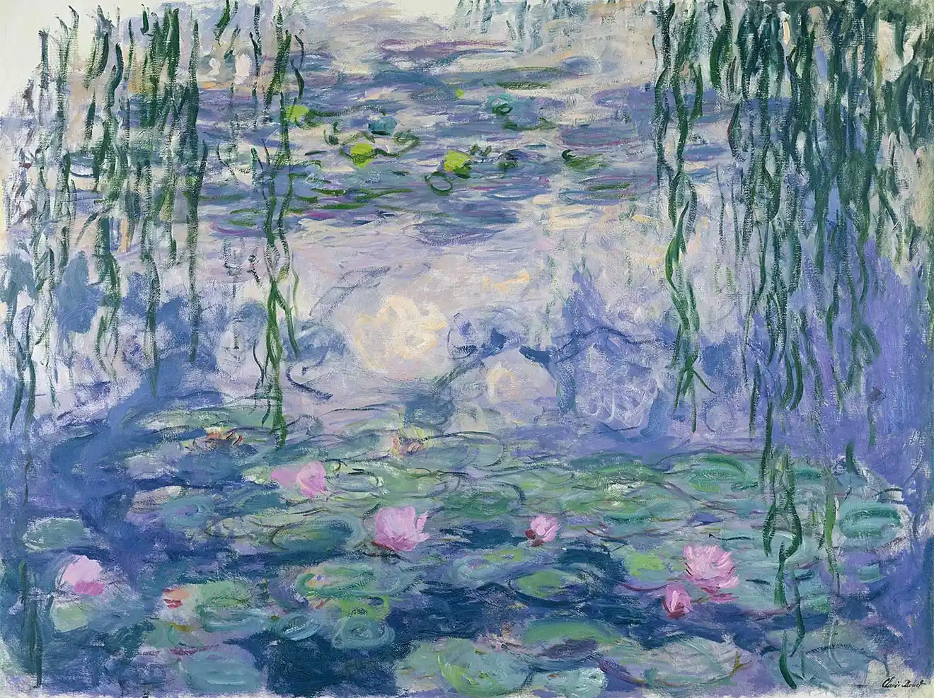Pond surface with pink water lilies, lilac reflections of the sky and willow branches hanging down both sides