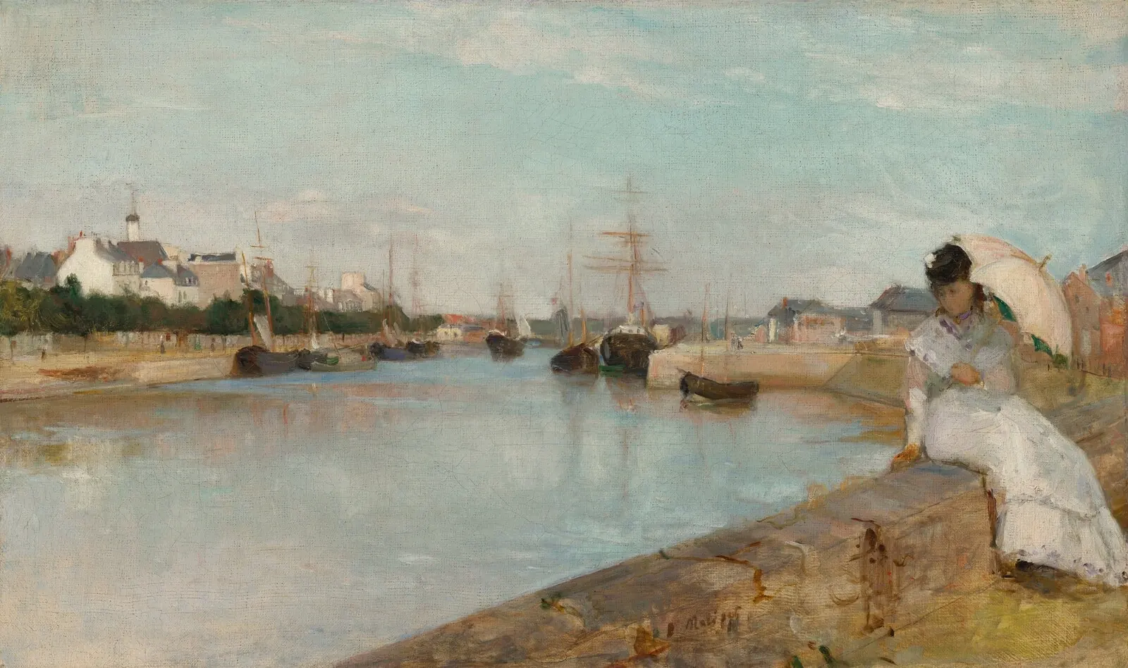 Young woman in white with a parasol seated on the stone quay of a harbor, facing calm water and sailing ships
