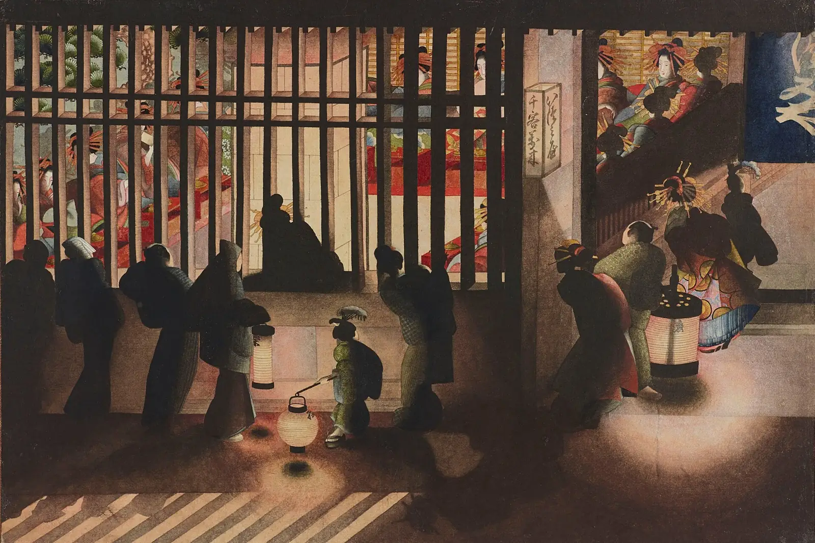 Night street with silhouetted figures passing a lit lattice, behind which women in colorful kimonos are visible