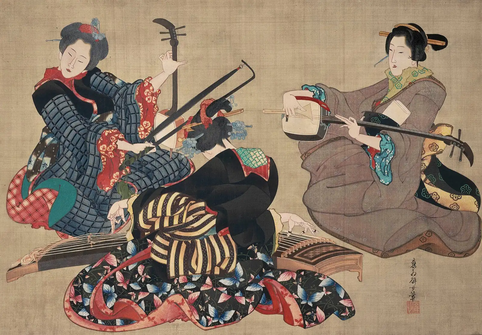 Three women in kimonos, seated on the floor, play string instruments; one of them is seen from behind