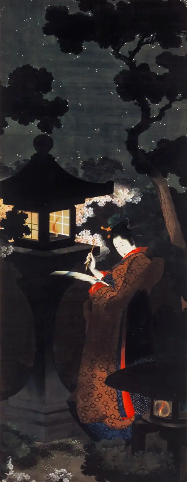 Joven en kimono escribe con pincel junto a una linterna de piedra encendida, bajo cerezos en flor y un cielo estrellado