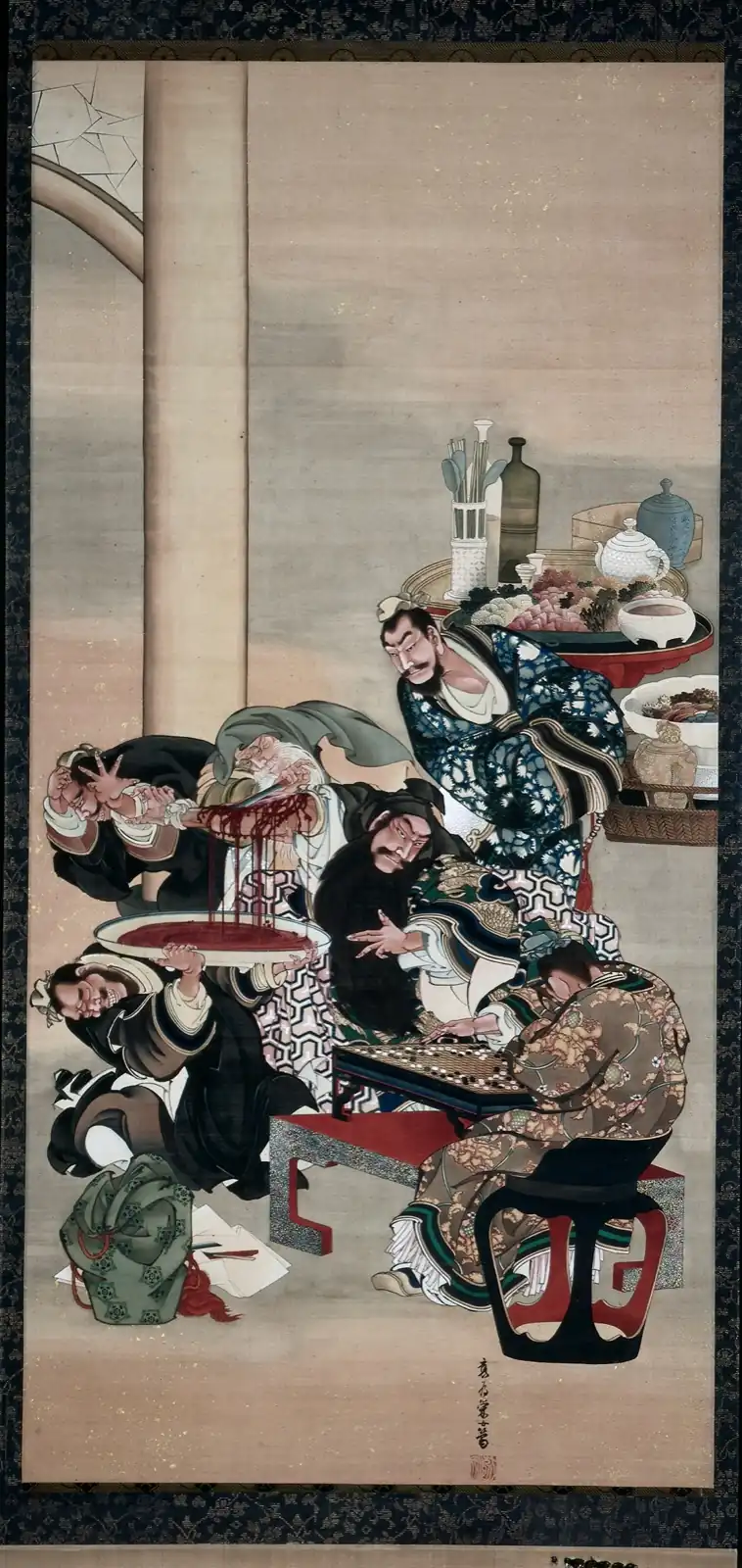 Man with a long black beard plays a board game while an old man treats his arm, surrounded by attendants and food