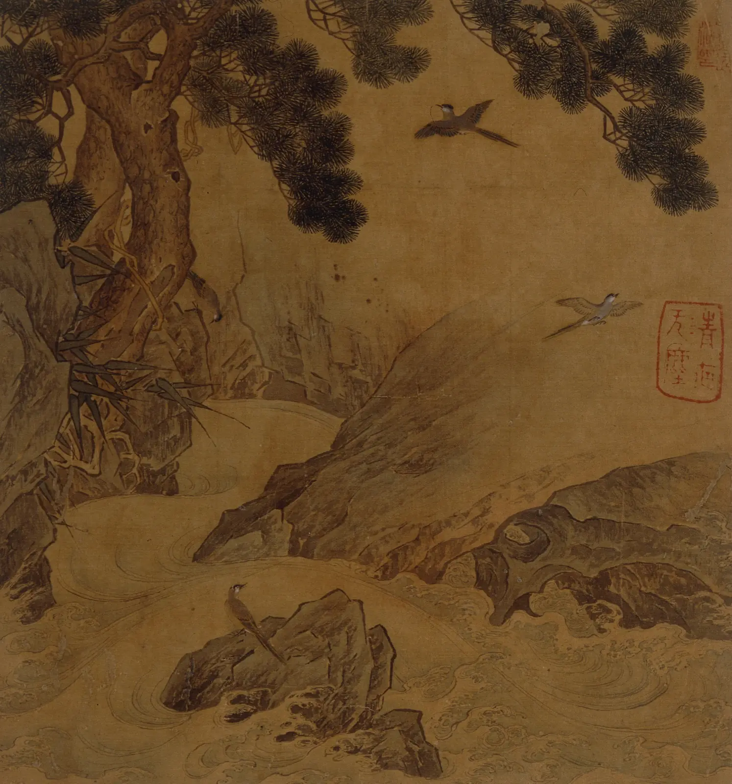 Gnarled pine over a churning river, with two birds in flight and another perched on a rock in the water