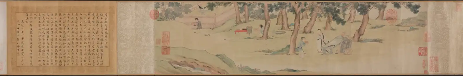 Columns of calligraphy on the left and, on the right, robed figures beneath trees in a pale meadow