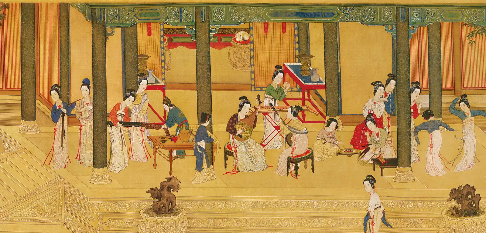 Palace ladies in a hall of green columns play string instruments, while two on the right dance with blue sleeves