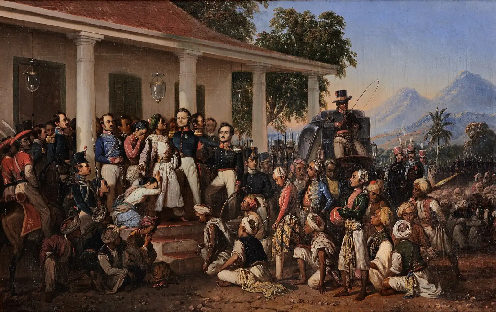 Javanese prince in a pale robe on the steps of a colonnaded porch, among officers in blue and turbaned followers