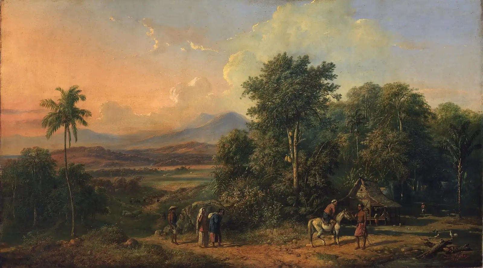 Tropical landscape at sunset with a thatched hut at the forest’s edge, a rider on a white horse and people on foot