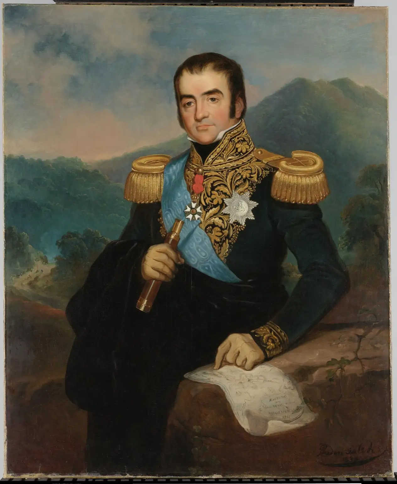 Man in a dark gold-embroidered uniform with a blue sash and epaulettes, resting his hand on a paper on a rock