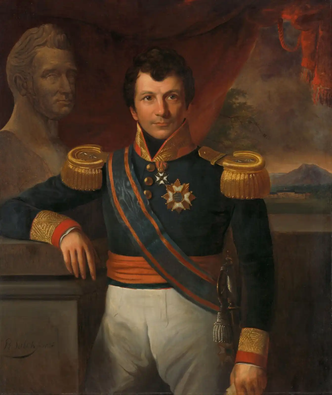 Man in a blue uniform with gold epaulettes and a blue sash, leaning on a pedestal that holds a stone bust