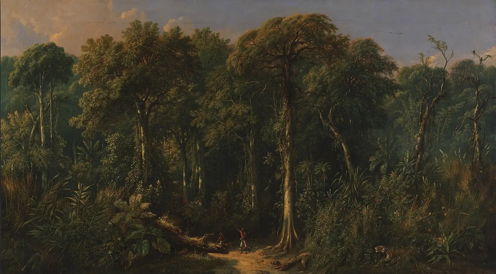 Dense jungle of towering trees with a dirt path in front and two small figures at the foot of the central trunk