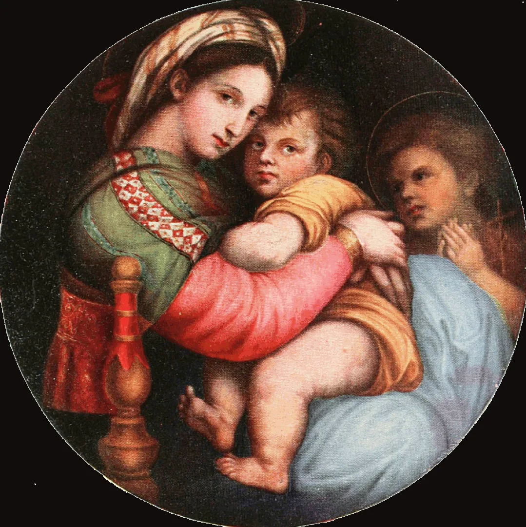 Woman in a striped turban hugs a child cheek to cheek; on the right, another child joins his hands, in a circle