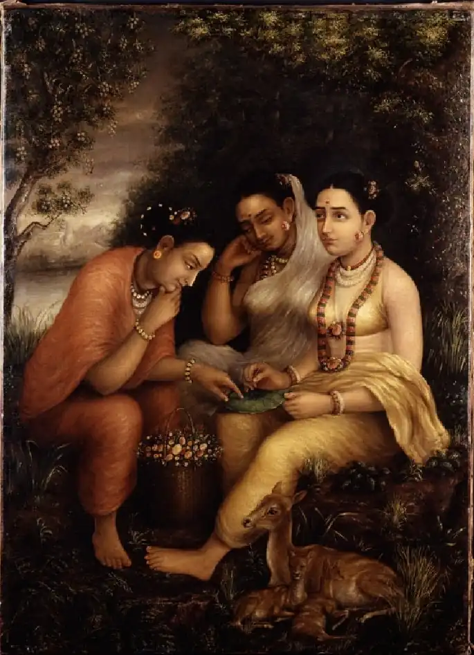 Three women seated under trees by a lake, one writing on a green leaf, with a fawn resting at their feet