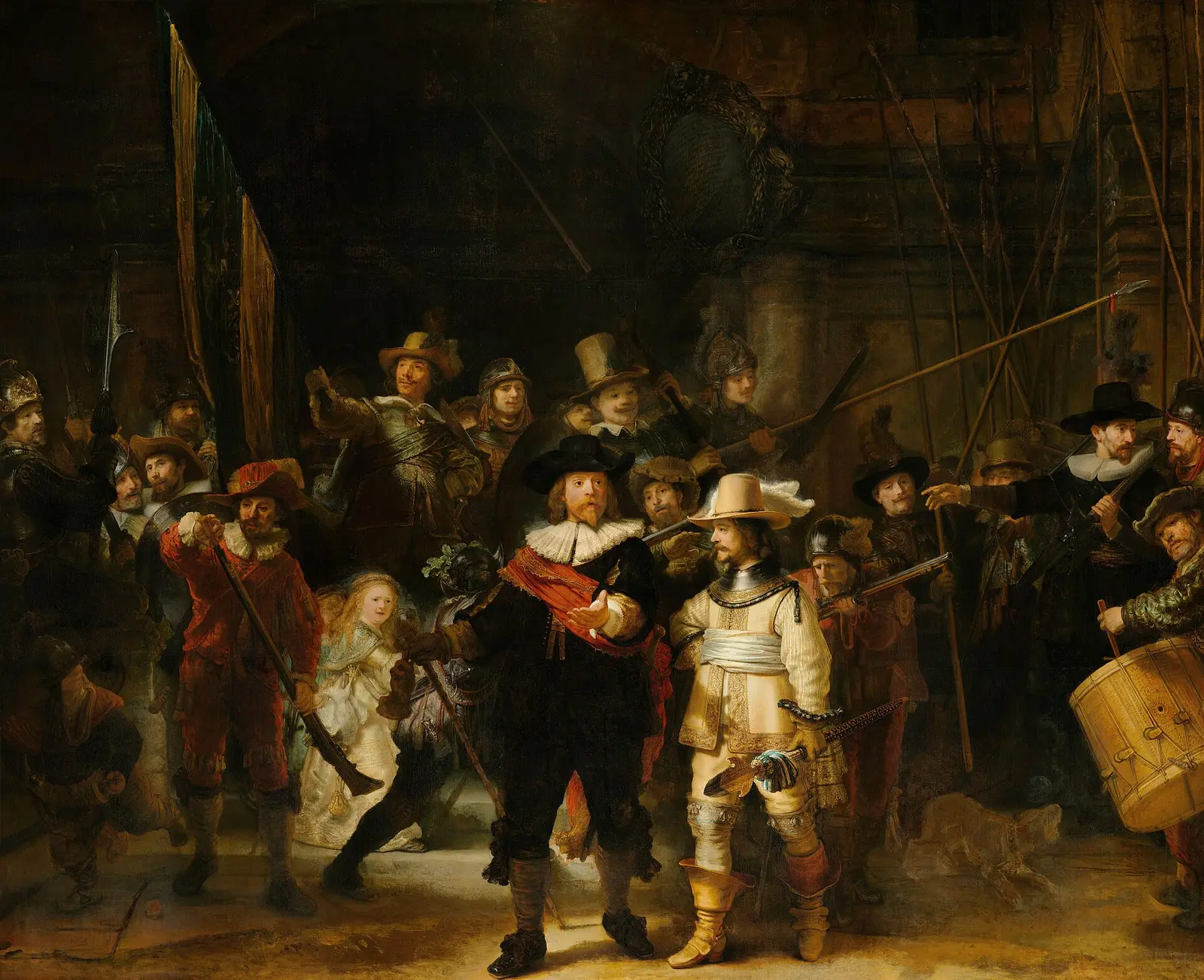 Crowd of armed men with pikes, muskets and a drum, led by one man in black and another in pale yellow