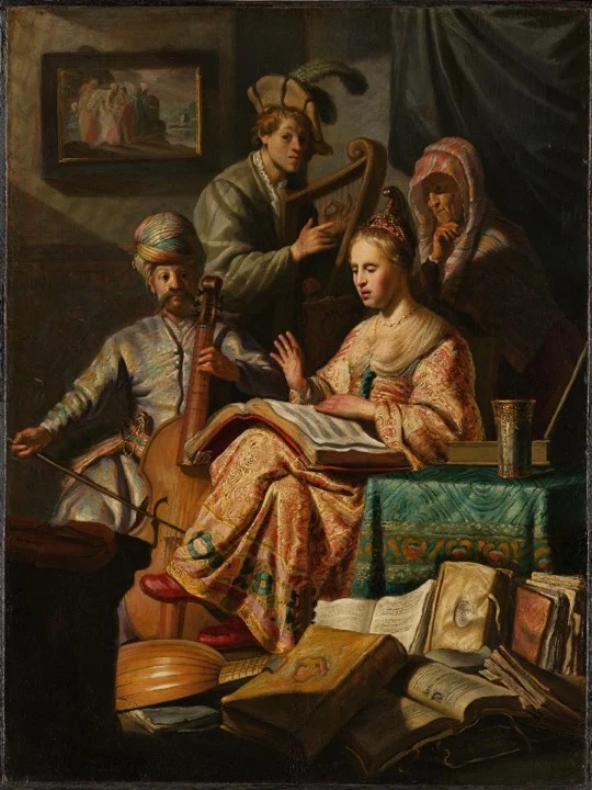 Joven con vestido de brocado canta con un libro, junto a un hombre con turbante y viola, un joven con arpa y una anciana
