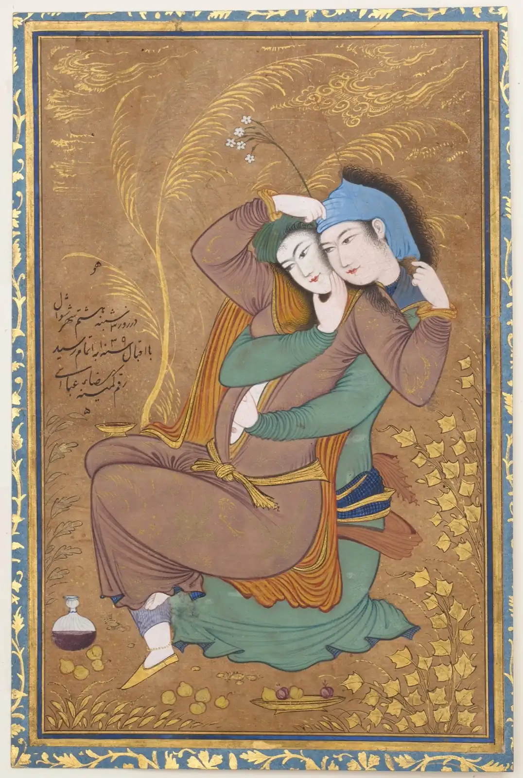 Two lovers seated in a close embrace, one in brown, the other in green with a blue turban, among golden plants