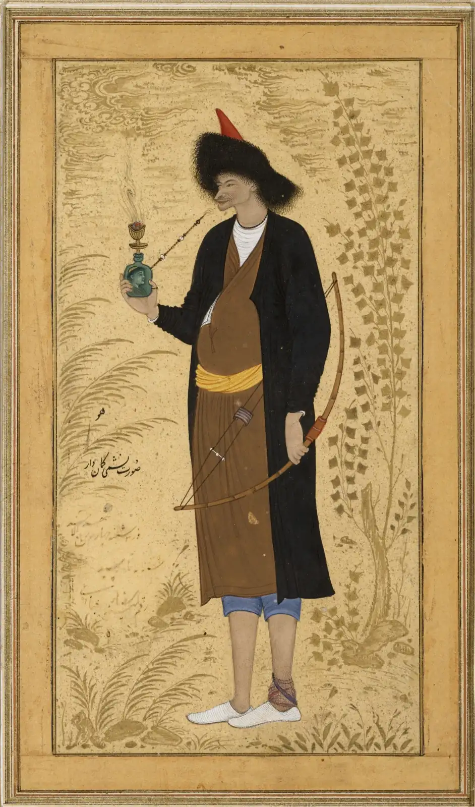 Standing man in a black fur hat and black coat, holding a bow in one hand and a smoking water pipe in the other