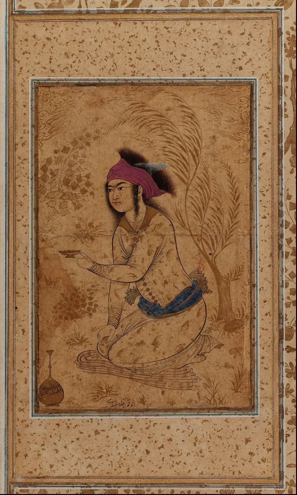 Kneeling youth in a magenta turban and pale robe holding out a small cup to the left beneath a golden tree