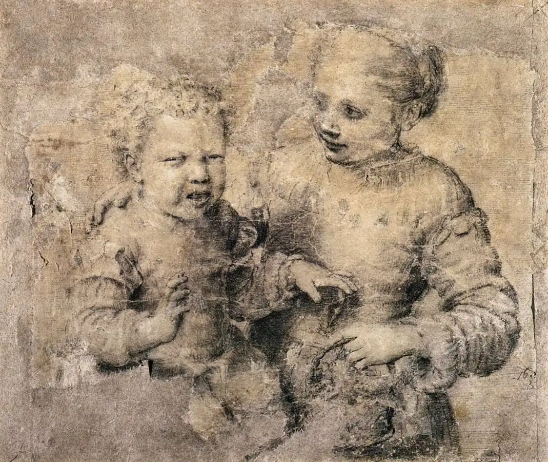 Small child crying with a pained face beside an older girl who looks at him, drawn in grey on stained paper
