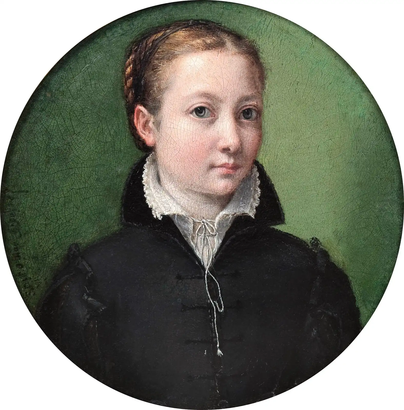 Young woman with braided hair, a white collar tied with strings and a black dress, against a green ground in a circle